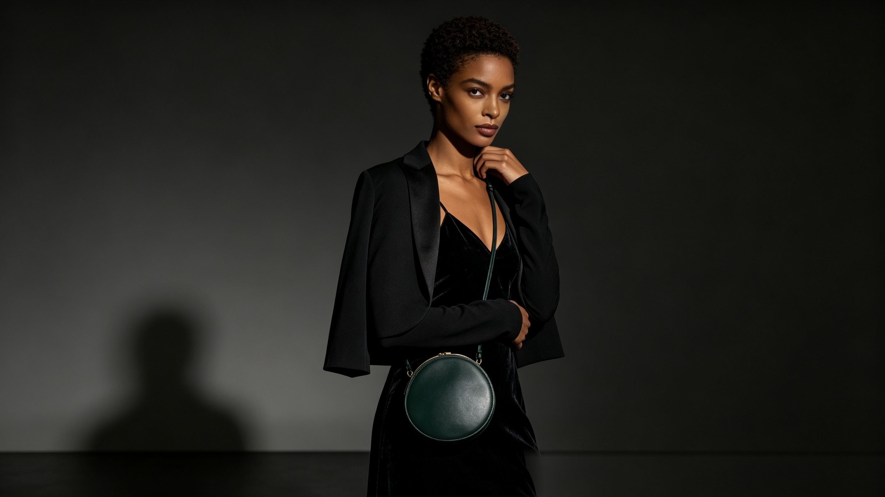Model with forest green leather crossbody bag